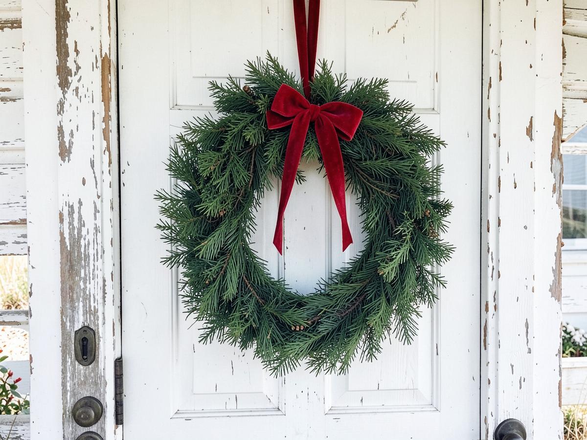 Fresh evergreen wreath with a red bow on a white beach cottage door